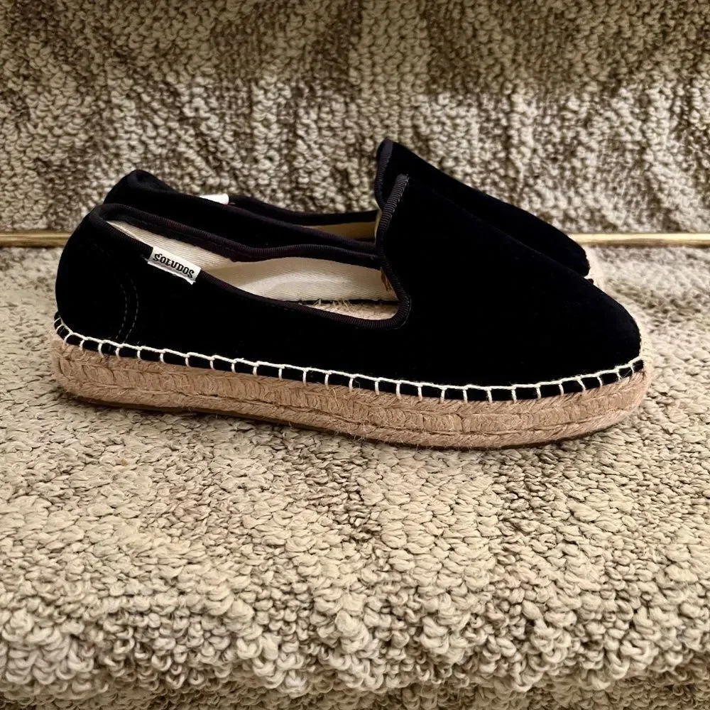 EUC Women's Soludos Black Velvet Smoking Slipper Espadrille Flats Loafers 6.5